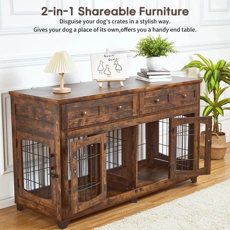 Rustic brown 2-in-1 dog crate console table with drawers and metal wire doors