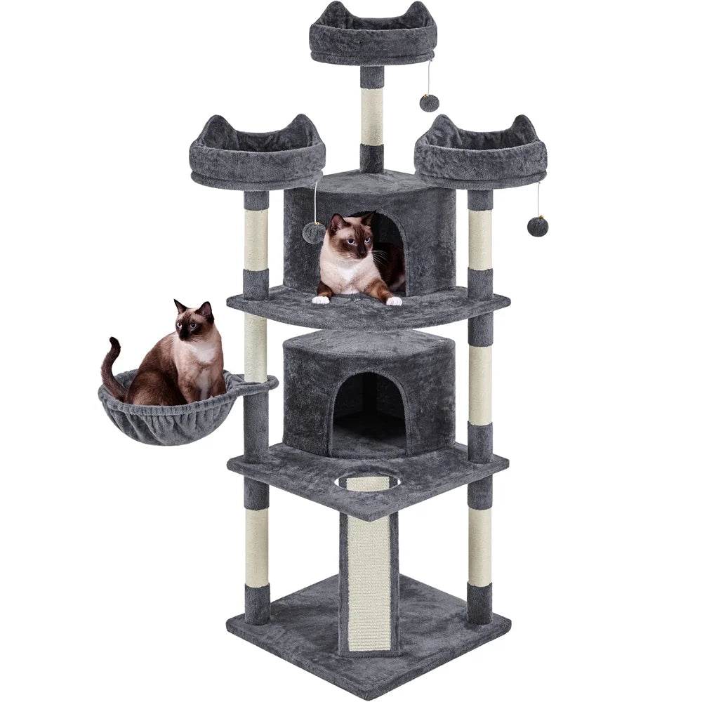 Dark gray cat tree tower with three platforms, two condos, and dangling balls; two cats