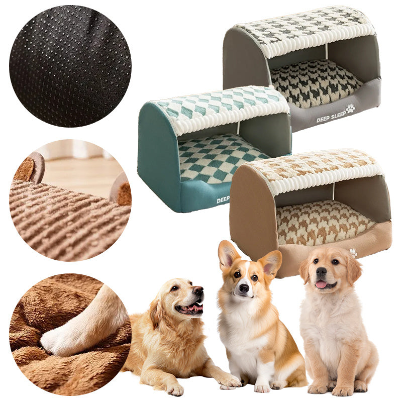 Three-dimensional bear curved pet cave kennel with removable nest, teal and checkered fabric