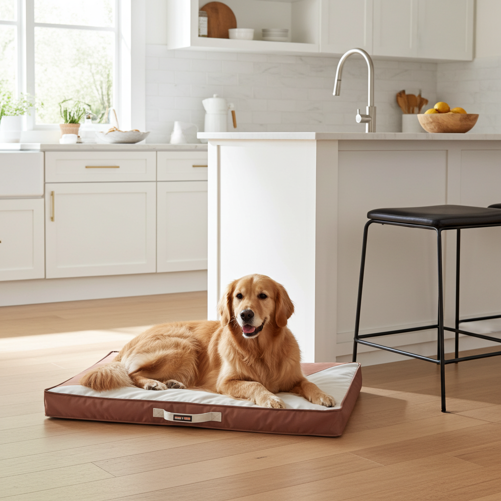 Rectangular waterproof travel dog bed mat, brown, with raised edge cushion