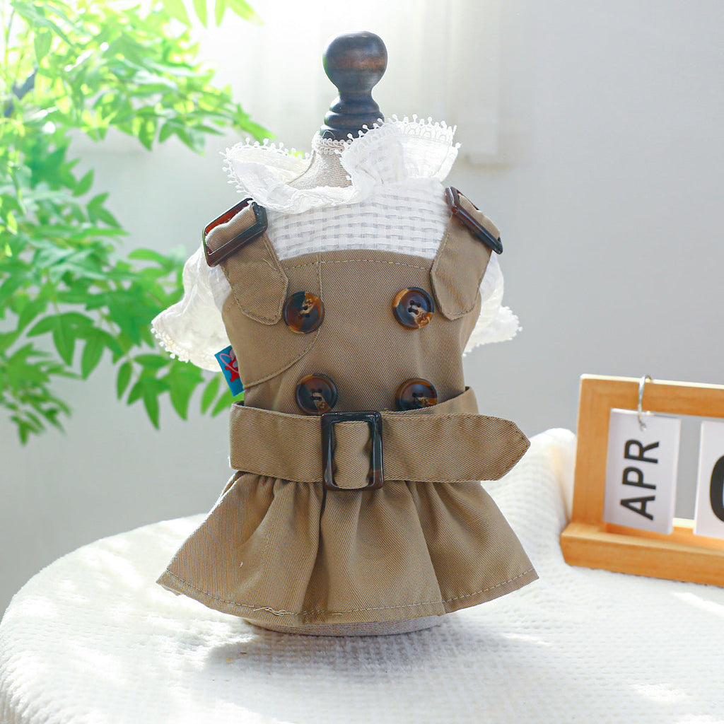 Khaki sleeveless pet dress with white lace collar, round button accents, and belt