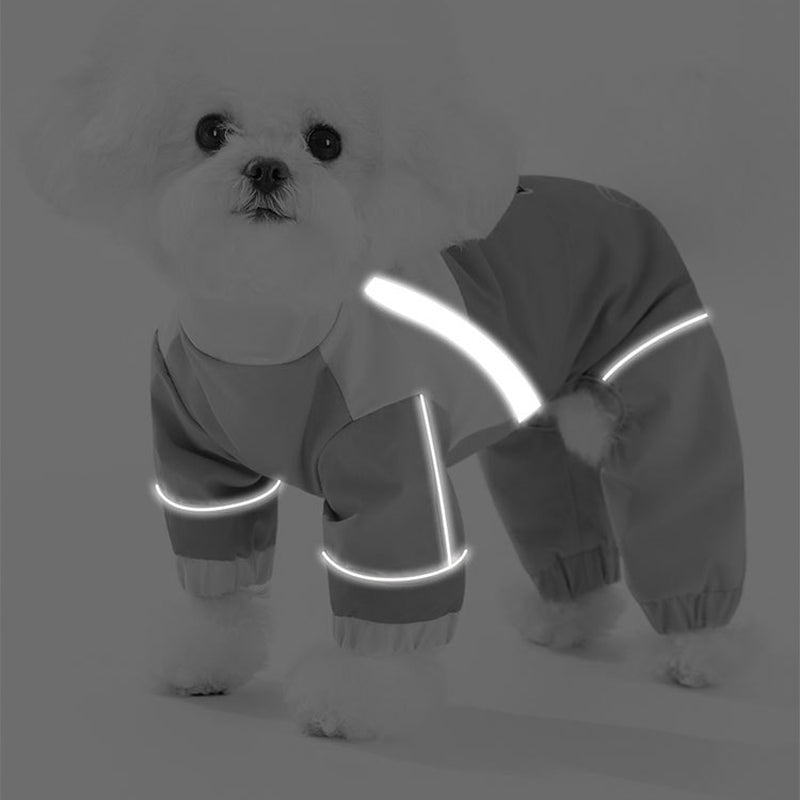 Waterproof dog jumpsuit with reflective piping on sleeves and legs
