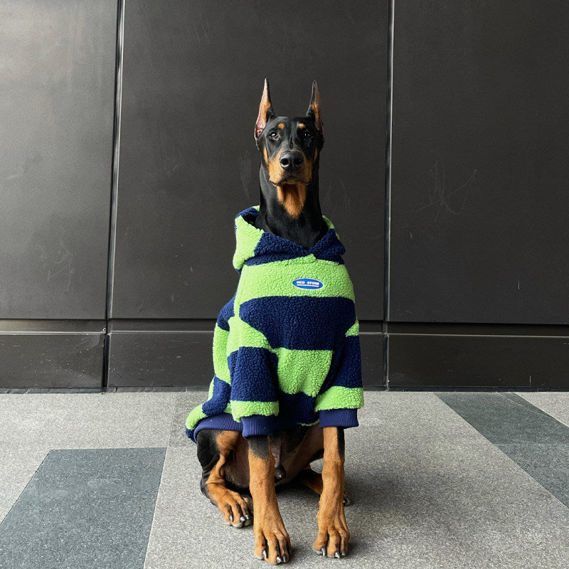 Navy and green striped dog hoodie with hood, front pocket, and logo patch.