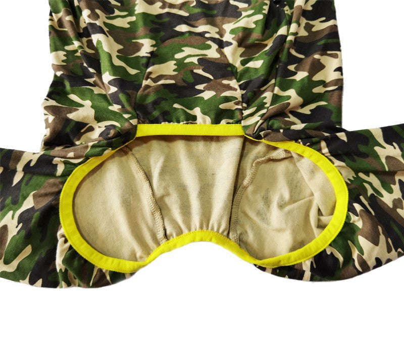 Camouflage pet recovery suit with yellow-green trim and rounded back/belly opening detail.