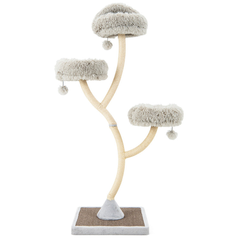 Cat tree tower in gray plush with three perches, curved sisal-wrapped posts, and dangling balls