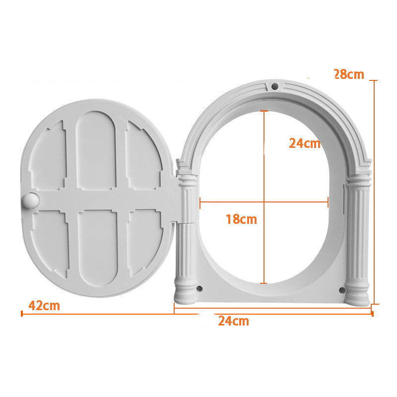 White pet door with circular frame and flap, size measurements diagram