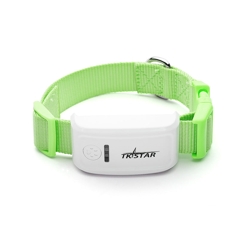 Cat GPS tracker collar with green strap and white locator device, adjustable buckle