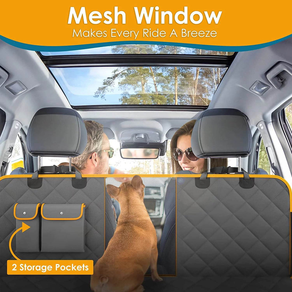 Dog car seat hammock cover with mesh window and two storage pockets, dark gray