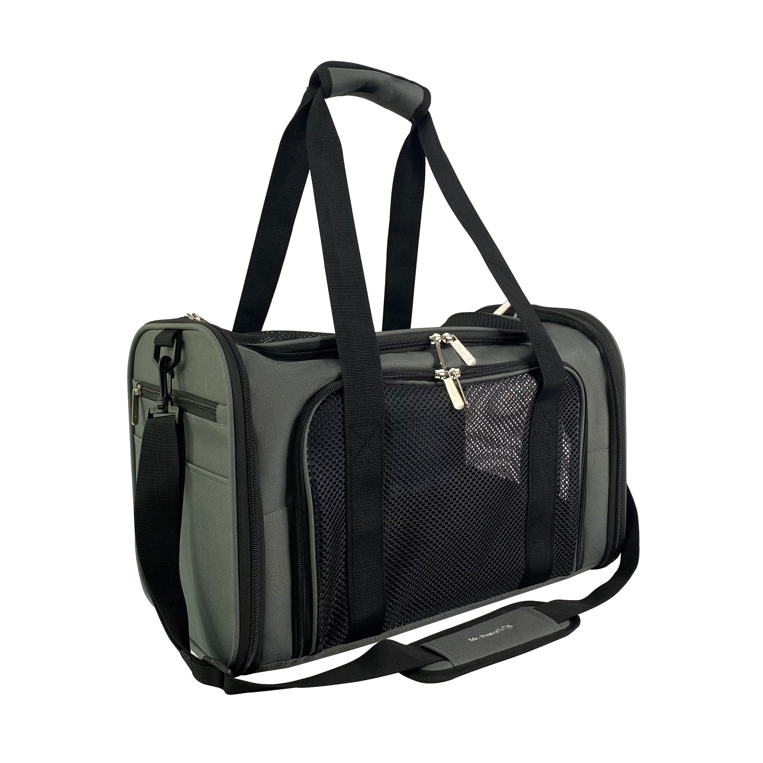 Soft-sided pet carrier in dark charcoal gray with mesh side panels and padded handles