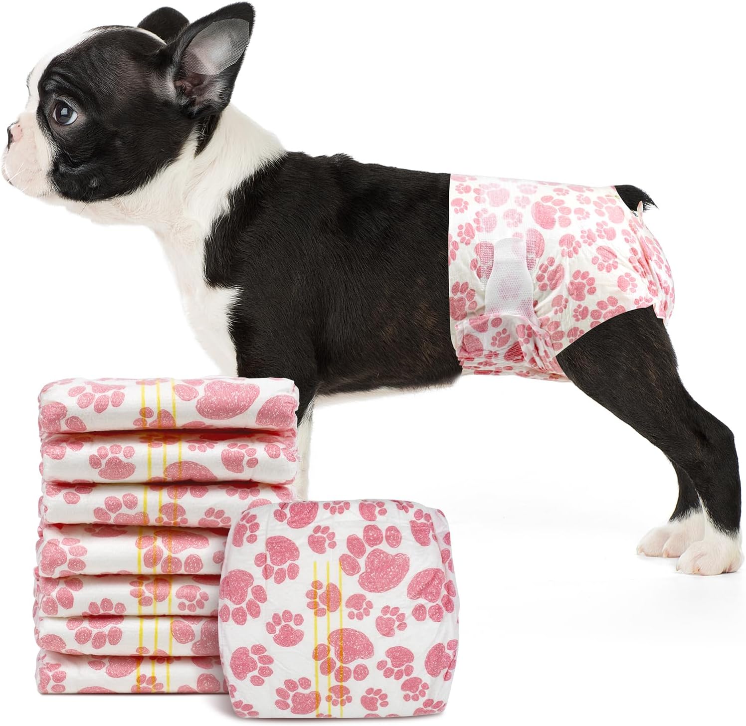 Disposable dog diapers for female dogs, pink paw print pattern with elastic leg openings