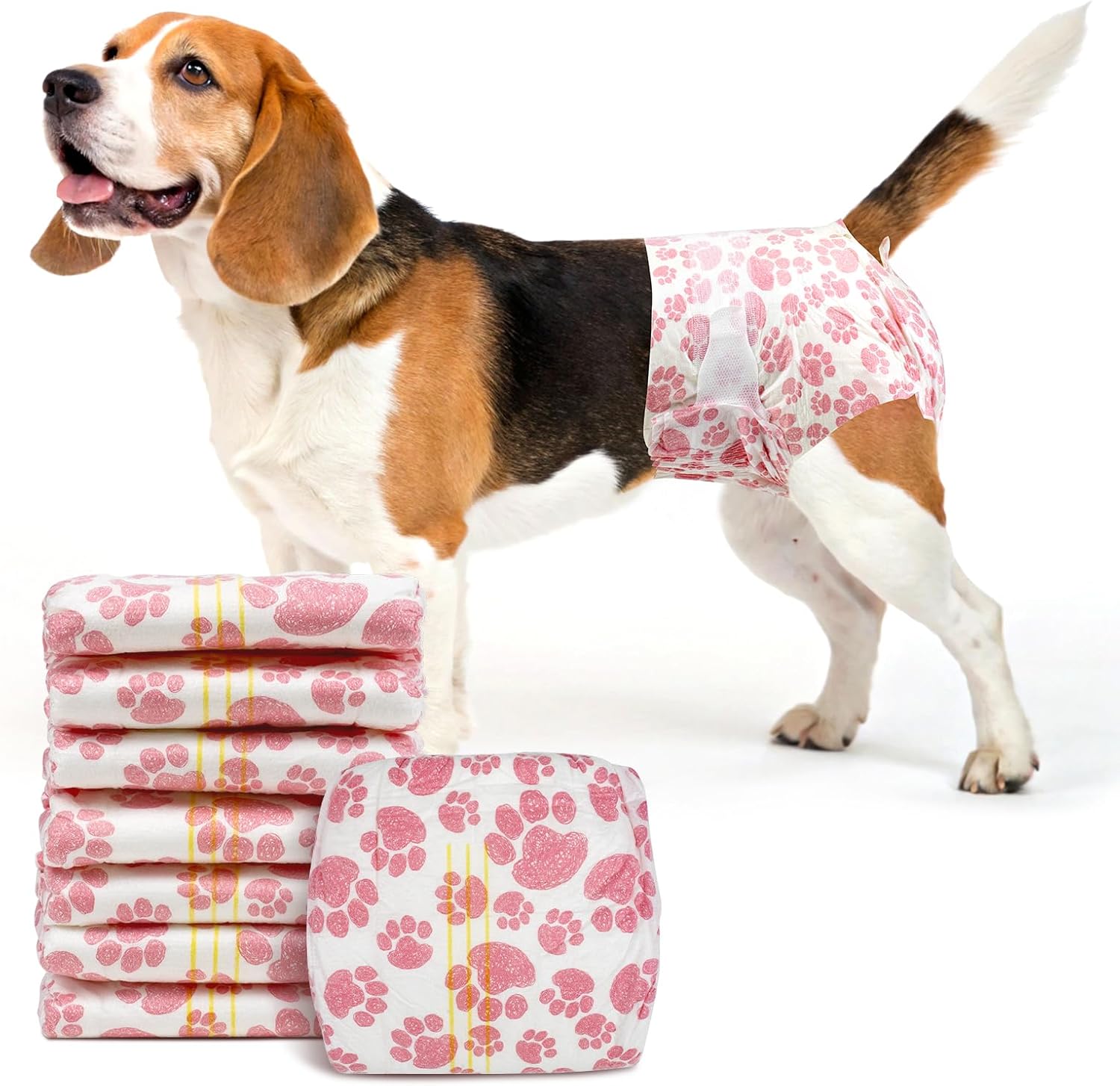 Disposable pink dog diapers with paw prints; stack and dog wearing one