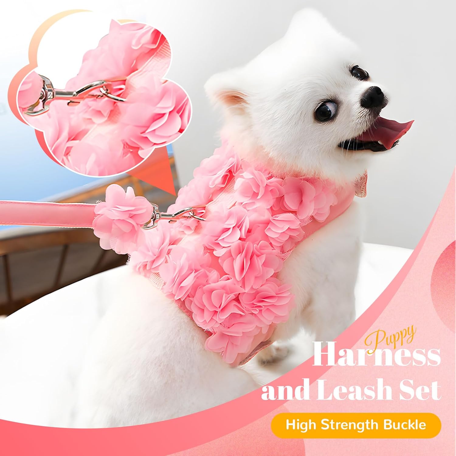 Boutique Floral Dog Harness and Leash Set – 3D Petal Puppy Vest Harness for Small Dogs & Cats