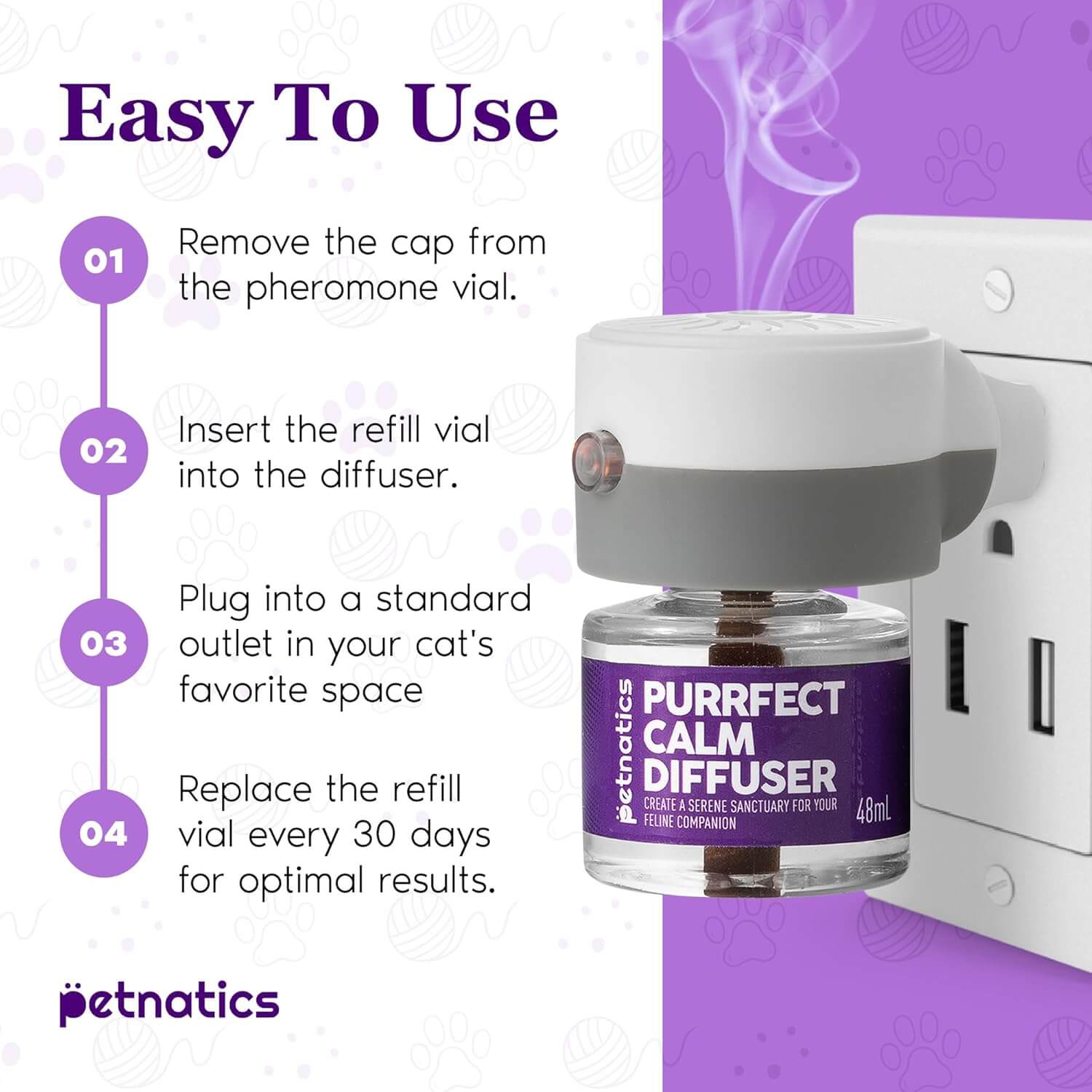 Plug-in diffuser with amber refill vial, white cap and purple label