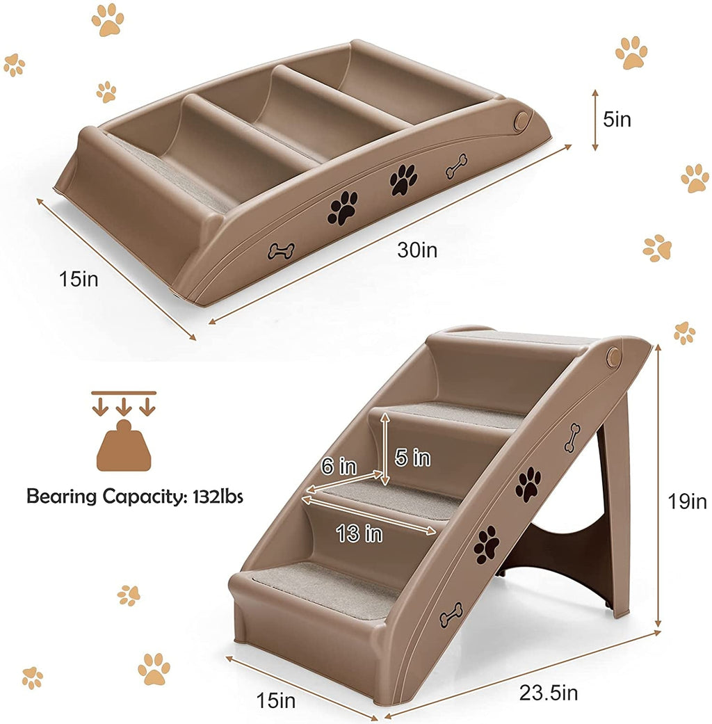 Collapsible plastic pet stairs, coffee color with beige non-slip steps and paw-print decals
