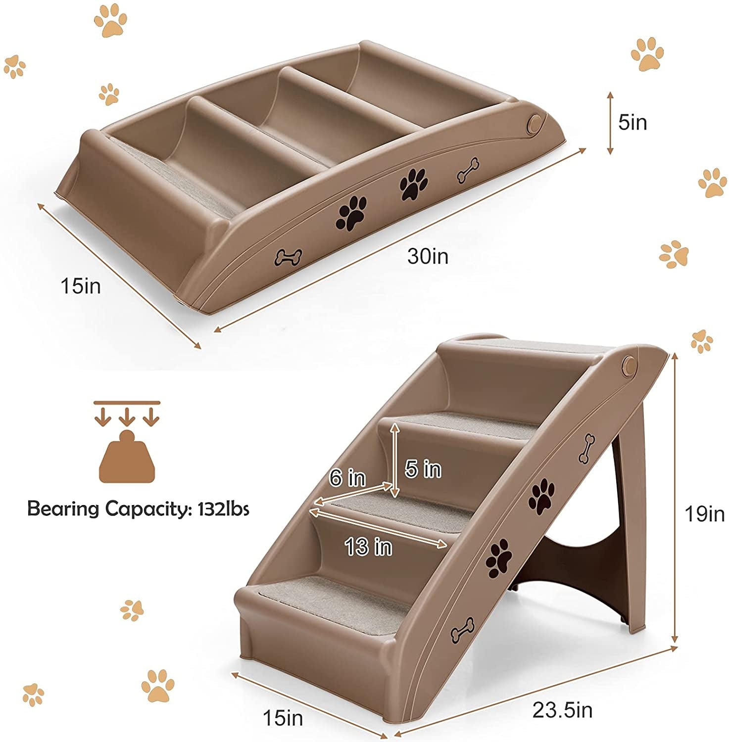 Collapsible plastic pet stairs, coffee color with beige non-slip steps and paw-print decals