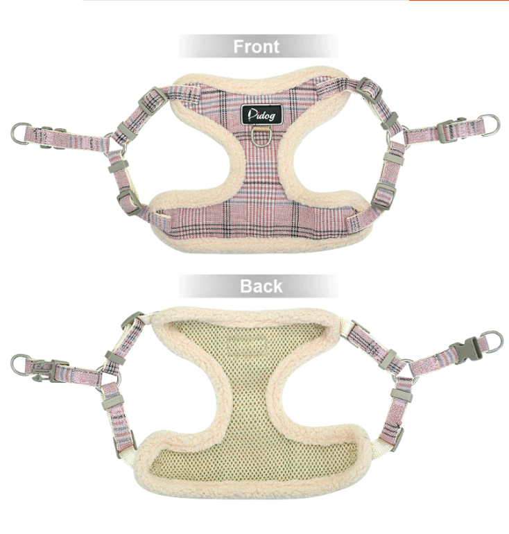 Front and back view of plaid plush dog harness with adjustable straps and leash ring.