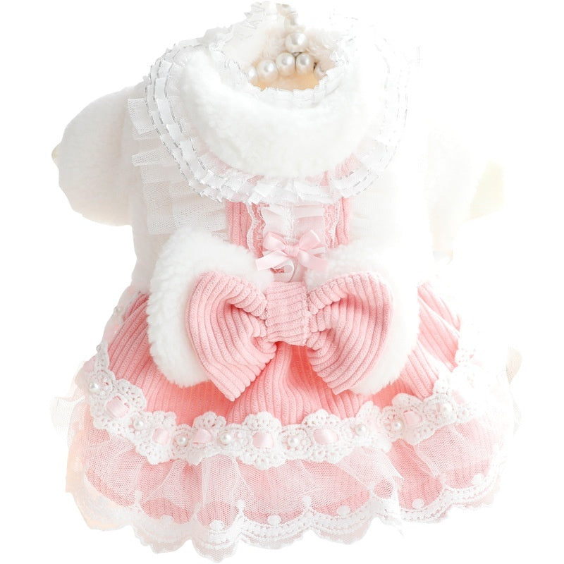 Small pet dress in pink and white with large ribbed bowknot and lace ruffle hem