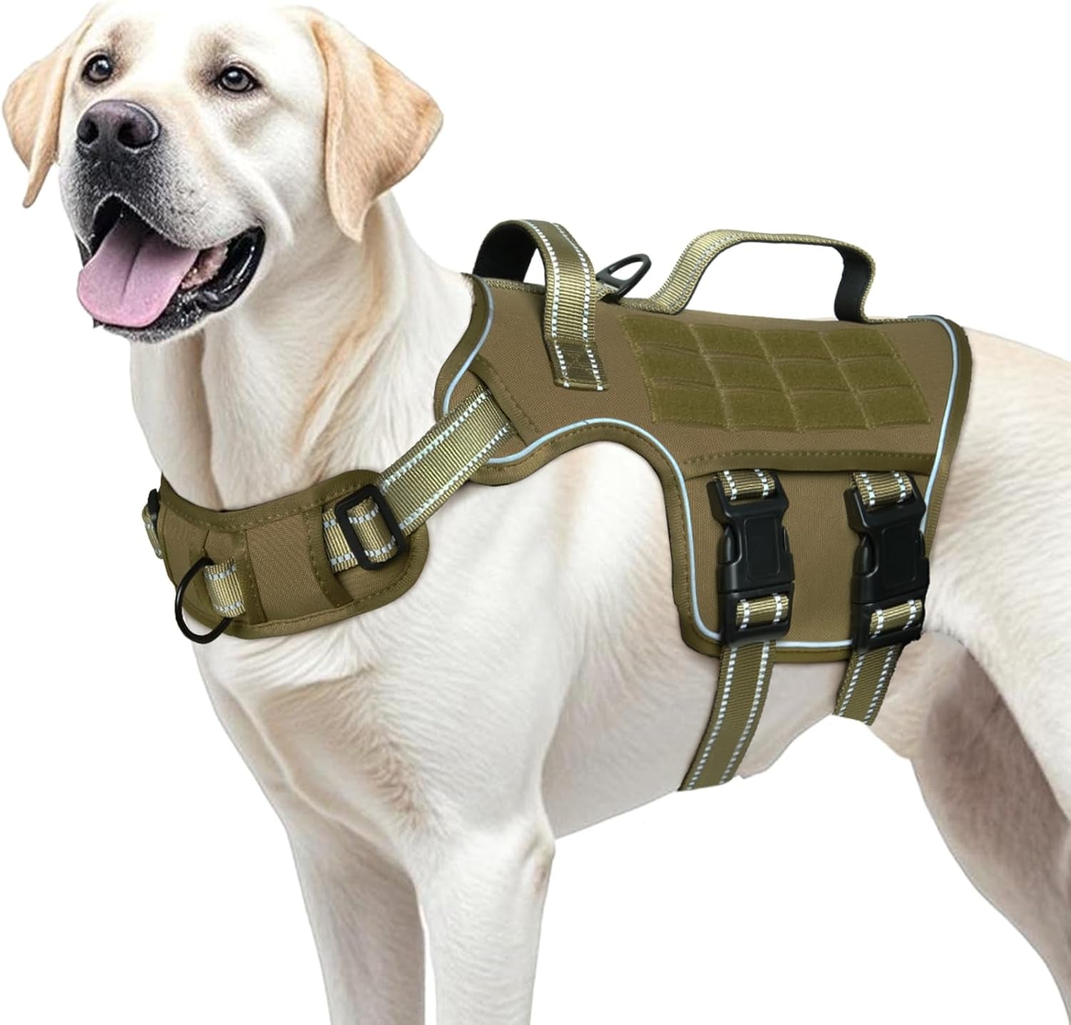 Dog tactical harness vest in olive green with padded chest panel and front buckle straps