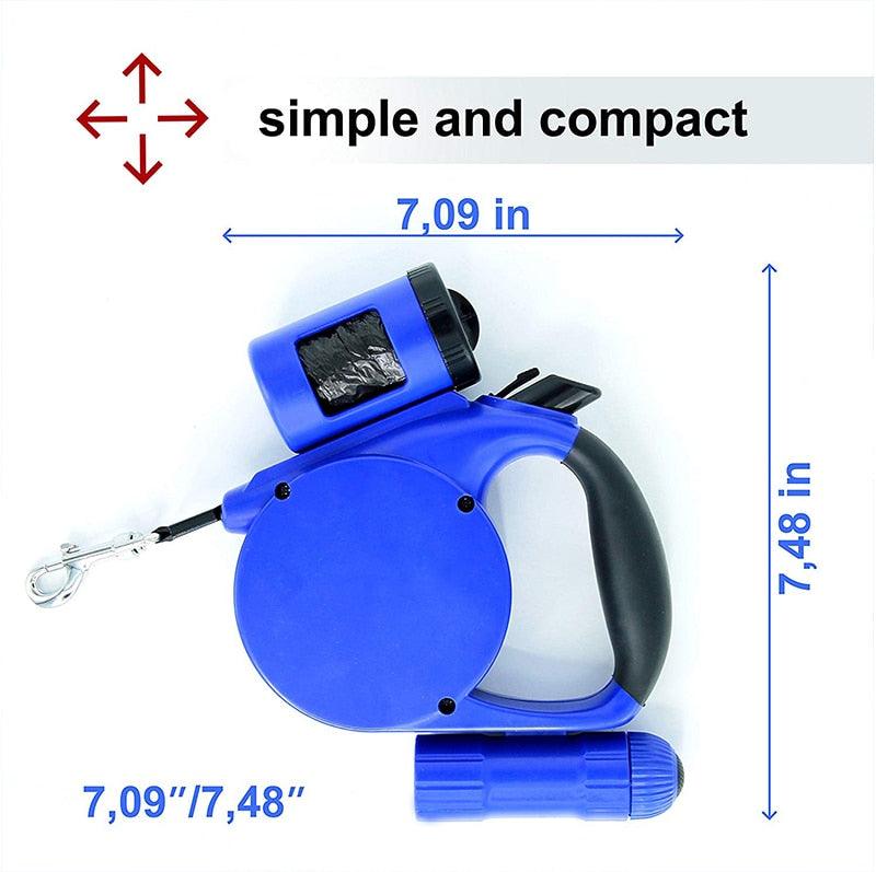 Blue retractable leash with waste bag dispenser and extended cord length