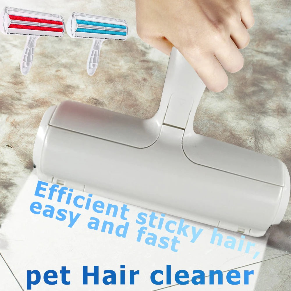 Hand using white pet hair remover lint brush on fabric surface