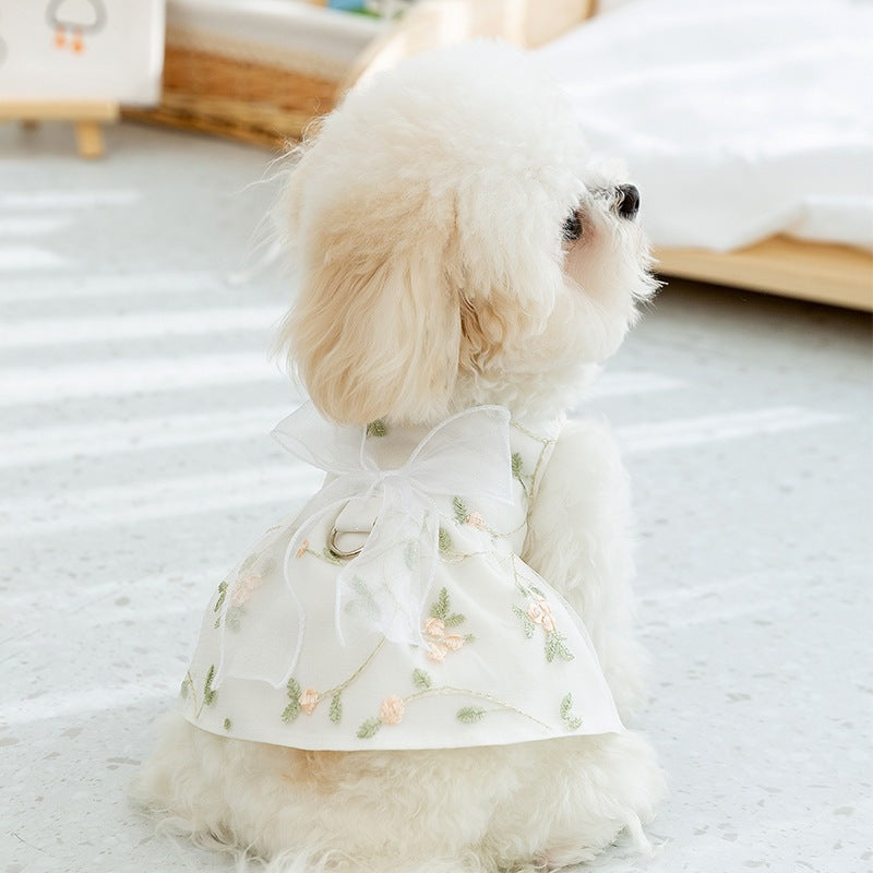 Double-layered princess-style dog skirt, white with floral embroidery and tulle overlay