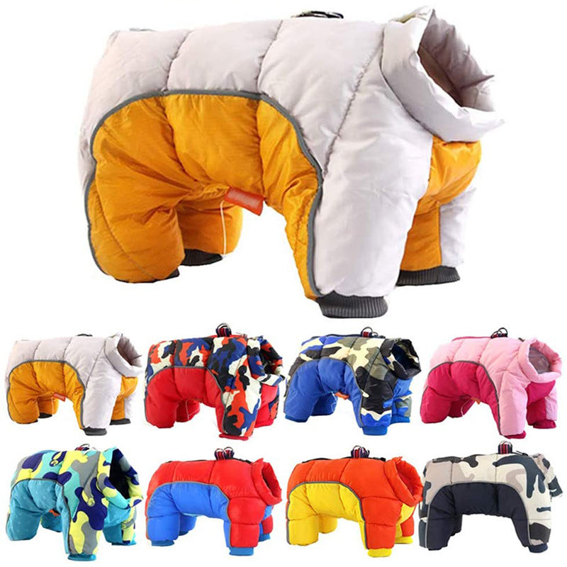 Assorted pet winter puffer jackets in multiple colors, hooded, padded