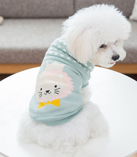 Mint green pet sweater with a cloud-like animal face graphic on the back