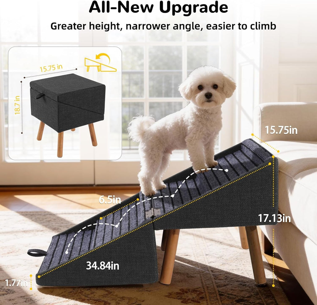 Foldable pet stairs ottoman, dark gray/black with textured anti-slip steps
