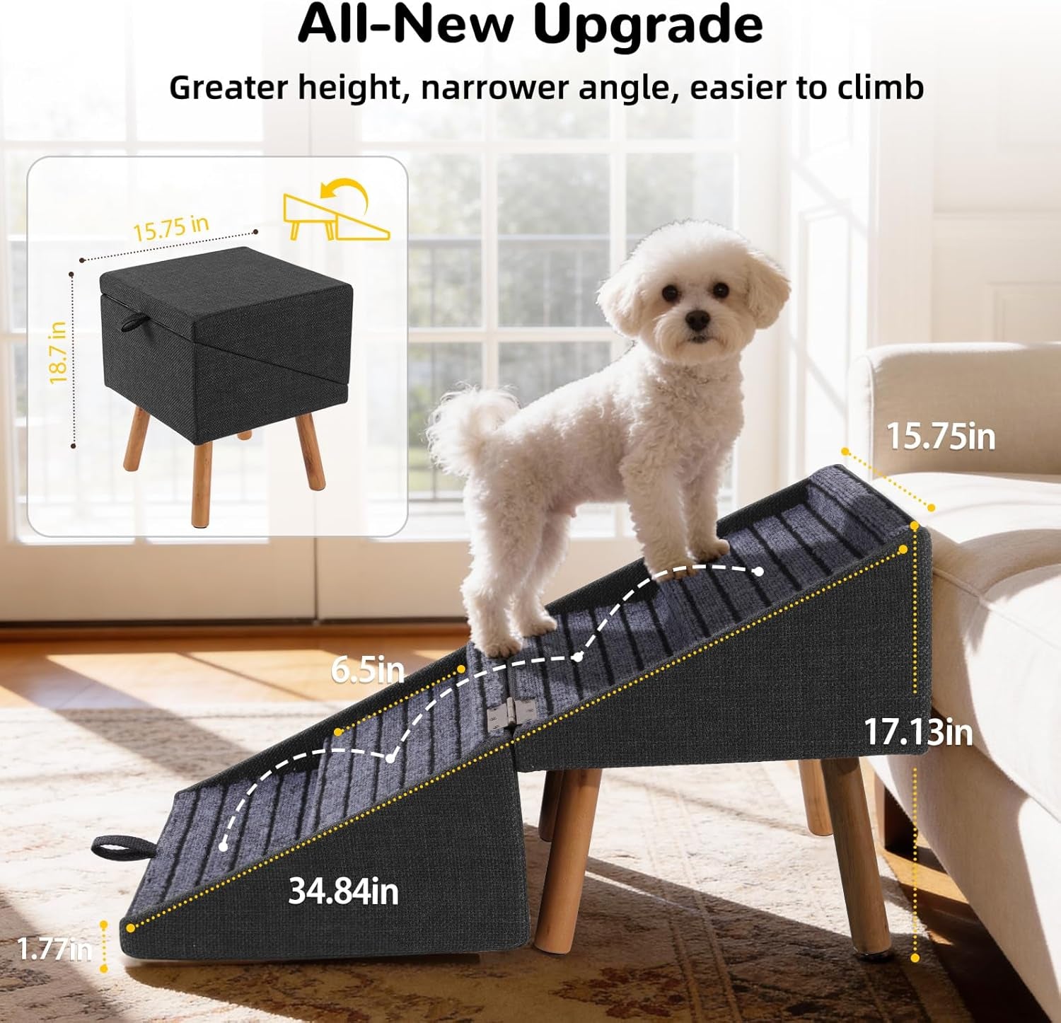 Foldable pet stairs ottoman, dark gray/black with textured anti-slip steps