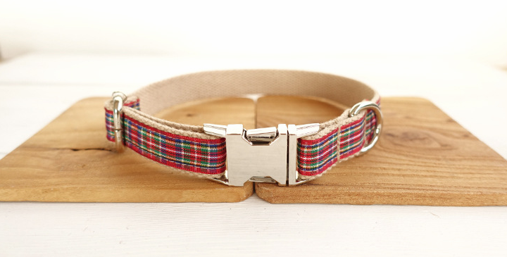 Red Tartan Plaid Dog Collar & Leash Set — Silver Hardware, XS–XL