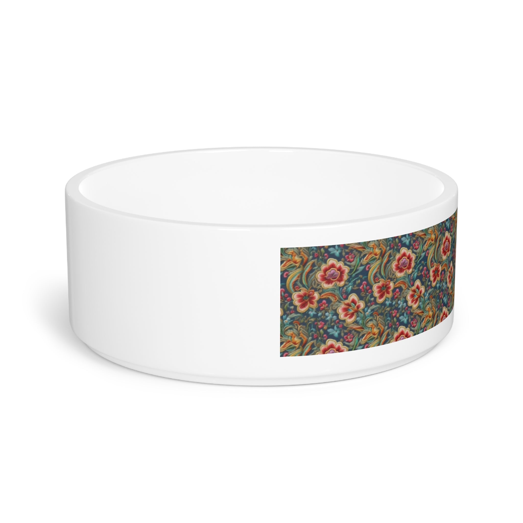 Crimson Blossoms on Teal Vintage Brocade Pet Bowl — Ceramic, 16oz, Dishwasher-Safe