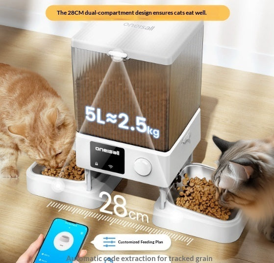 Smart Automatic Cat Feeder — 5L Dual Bowl, App-Controlled, Visual Timer, Pearl White or Obsidian Black