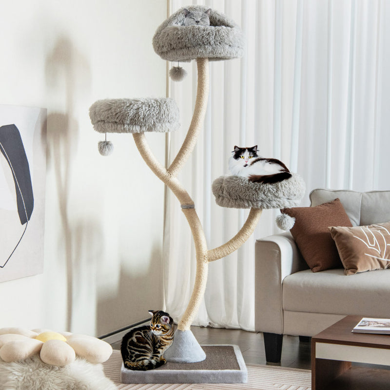 Gray cat tree tower with three plush platforms on curved sisal posts; large square base
