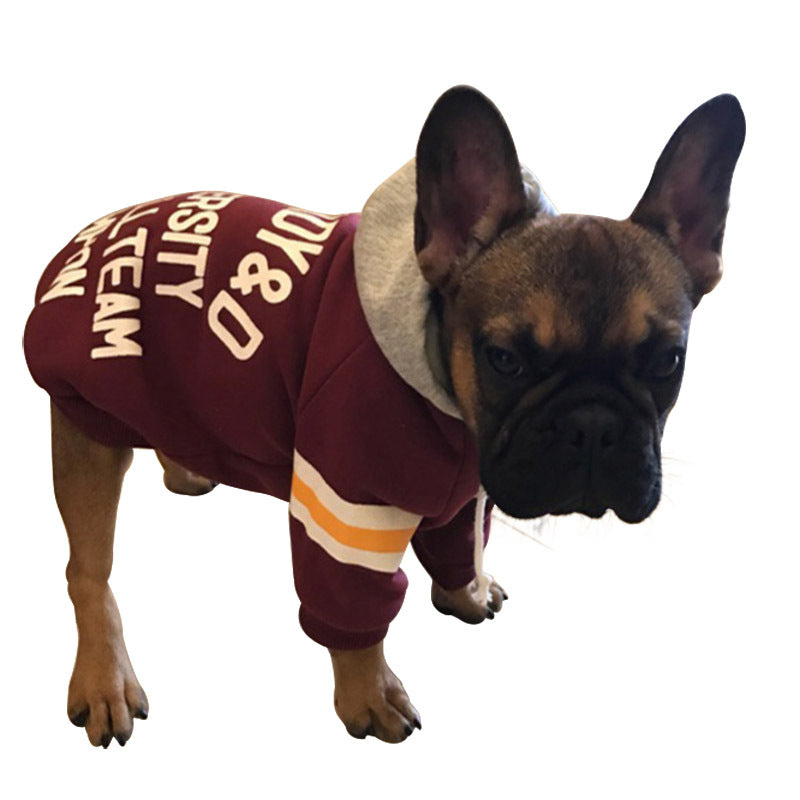 Maroon dog sweater with white printed lettering and orange striped cuffs