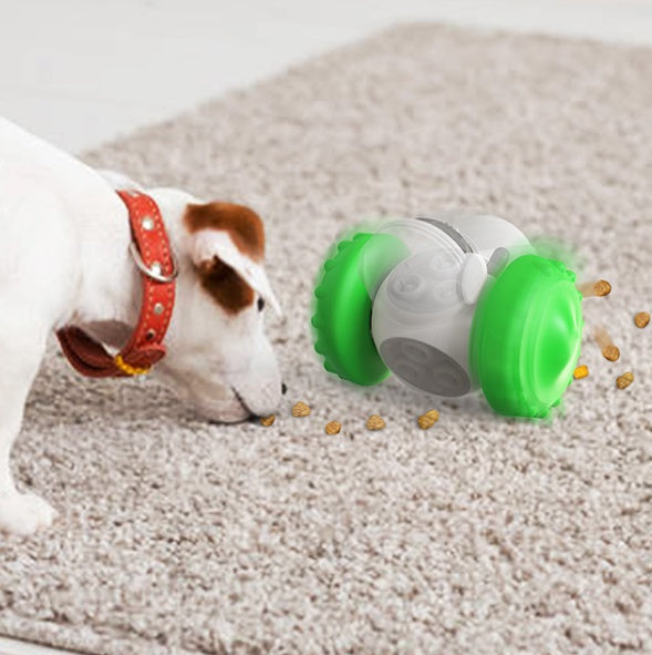 Green slow-feed pet balance toy car with clear drum and gray wheel compartment
