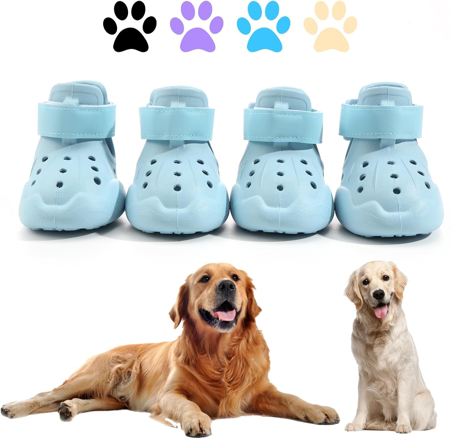 Light blue dog boots with adjustable strap and ventilation holes, 4-pack