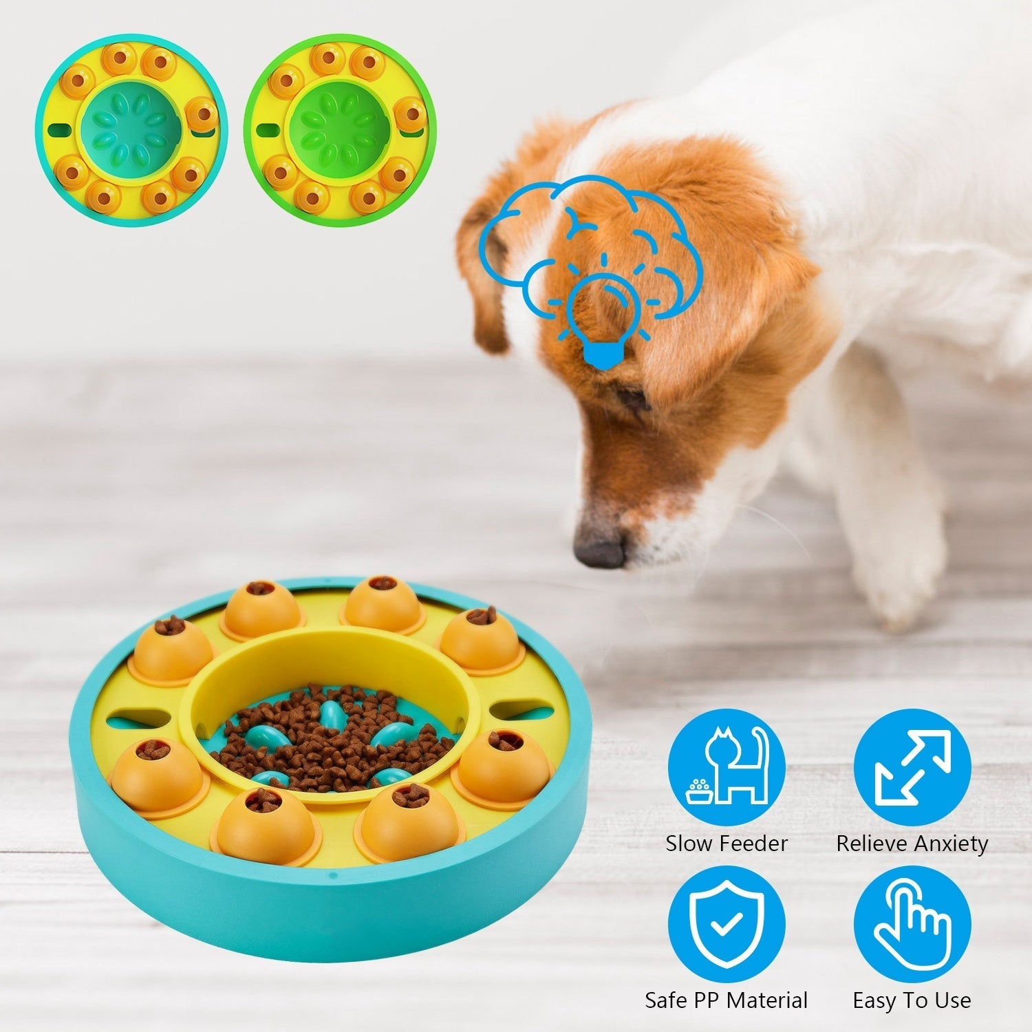 Slow feeding puzzle dog bowl with turquoise outer ring and orange treat cups, kibble inside