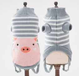 Grey striped knitted pet sweater with pig-face front and hood