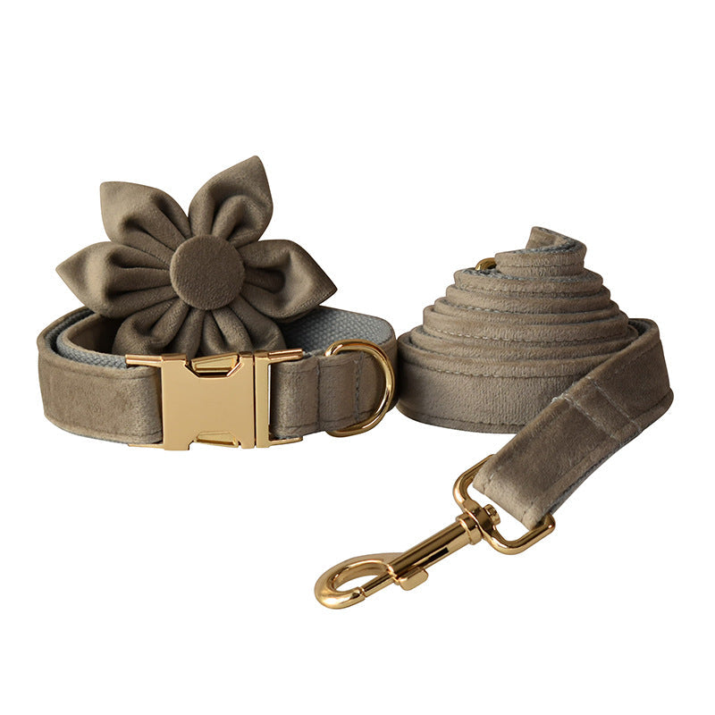Pet flannel chest strap with gold buckle, flower decoration, and coiled leash strap