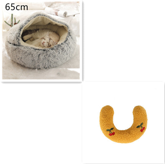 65cm round grey plush pet bed nest with yellow U-shaped bolster pillow