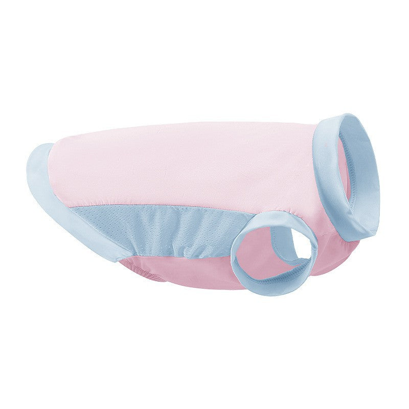Pink and light blue pet vest, sleeveless with rounded leg openings