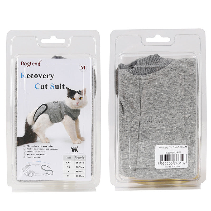 M size cat recovery suit in clear blister packaging; gray fabric visible
