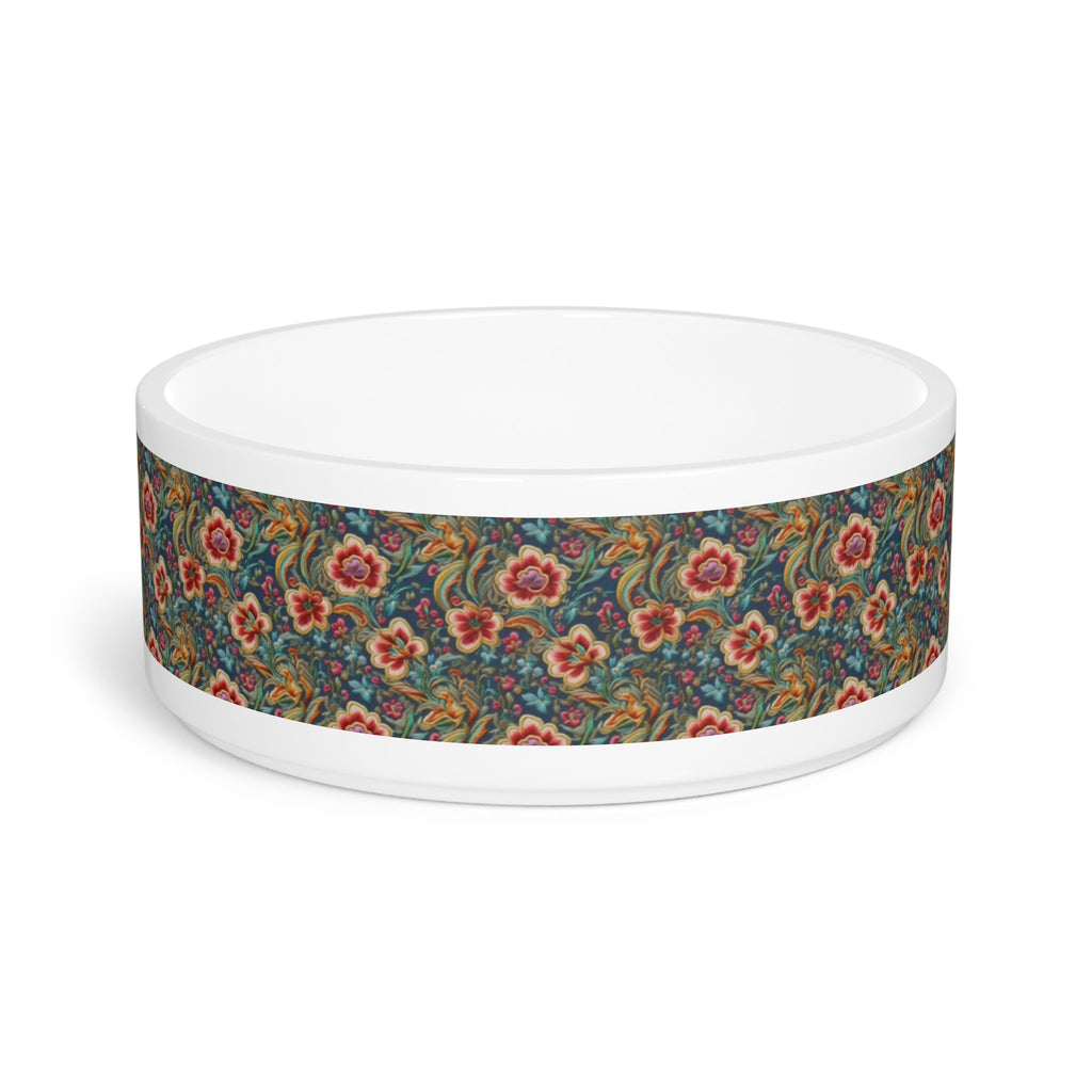 Crimson Blossoms on Teal Vintage Brocade Pet Bowl — Ceramic, 16oz, Dishwasher-Safe