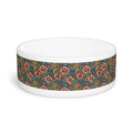 Crimson Blossoms on Teal Vintage Brocade Pet Bowl — Ceramic, 16oz, Dishwasher-Safe