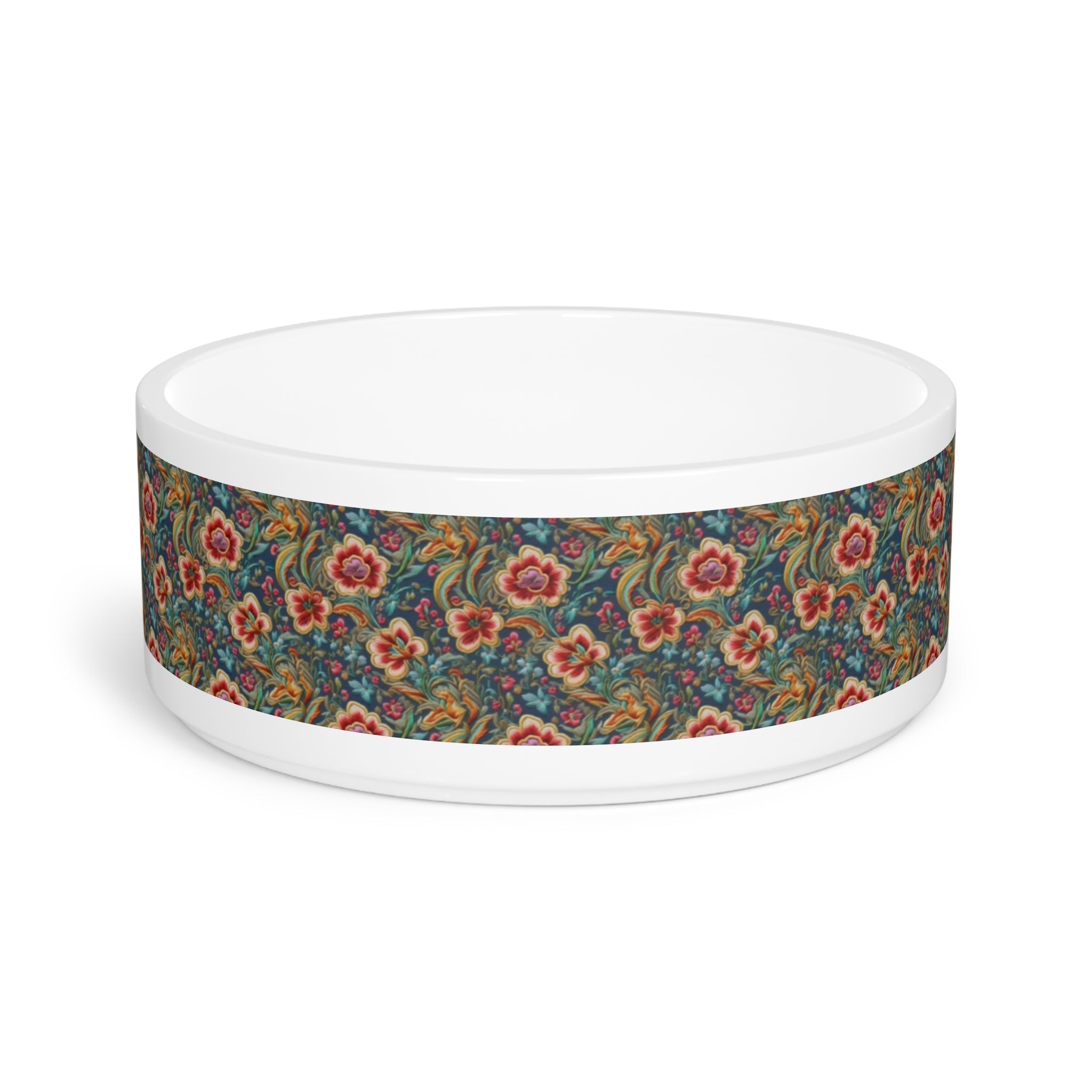 Crimson Blossoms on Teal Vintage Brocade Pet Bowl — Ceramic, 16oz, Dishwasher-Safe