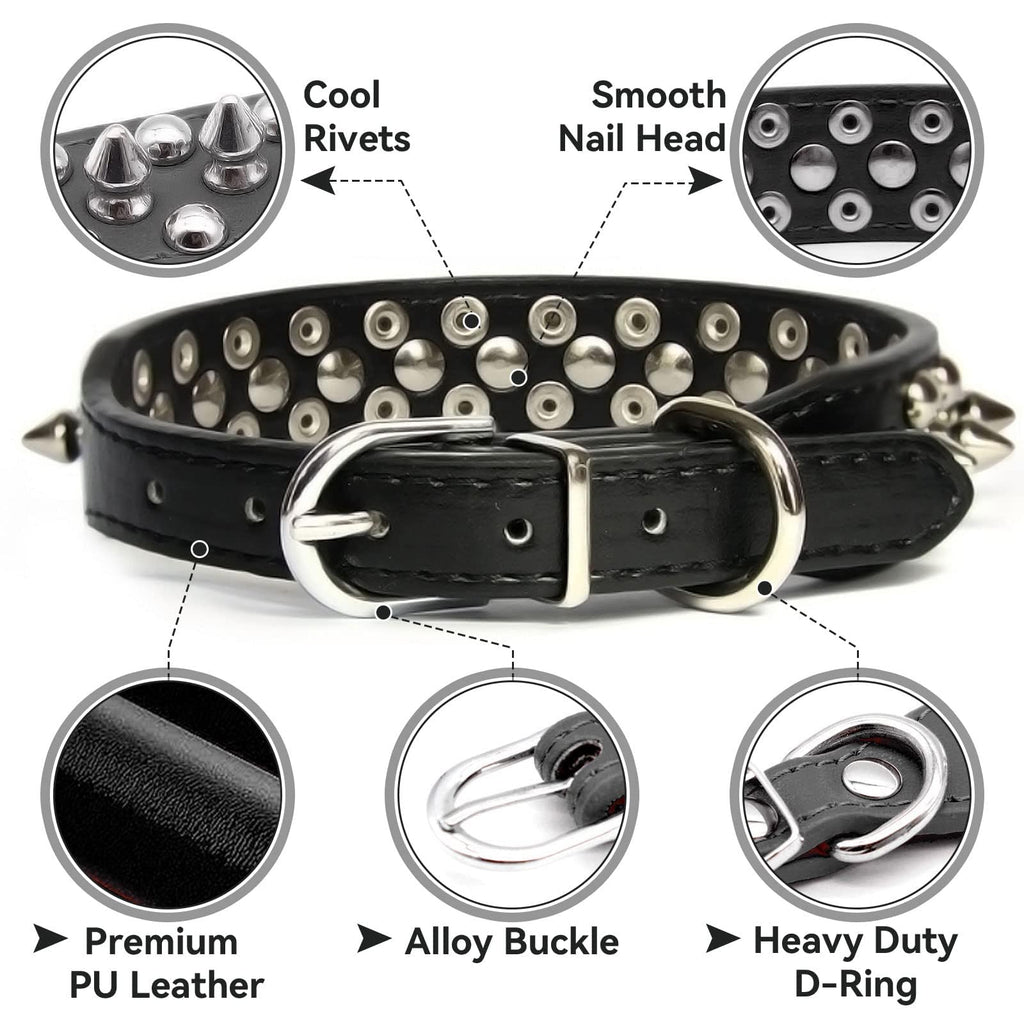 Black studded dog collar with silver rivets, alloy buckle, heavy-duty D-ring.