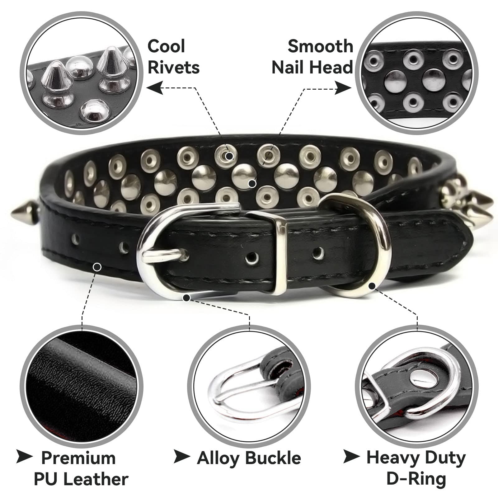 Black studded dog collar with silver rivets, alloy buckle, heavy-duty D-ring.