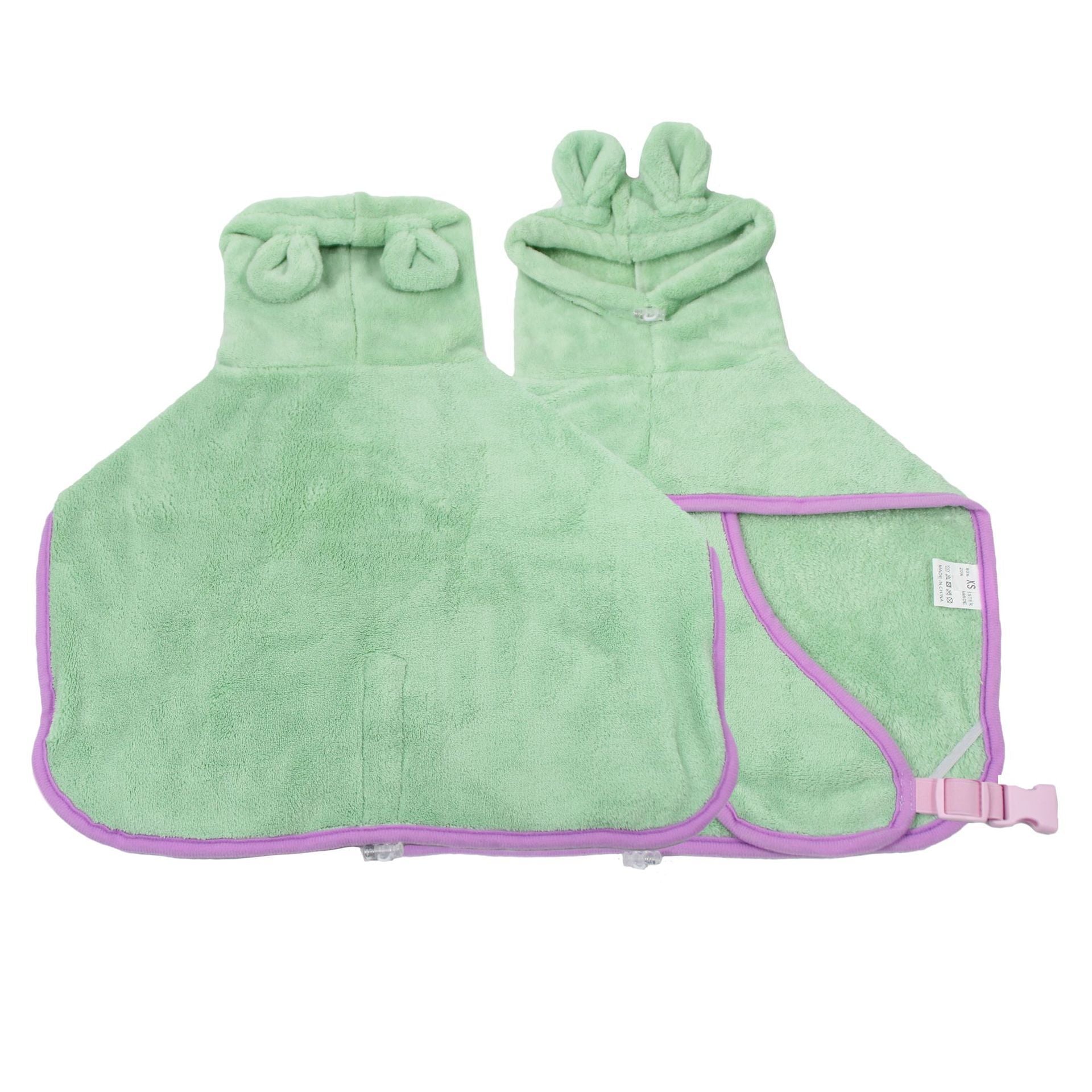 Light green terry pet bathrobe with hood, front wrap panel, and purple trim strap