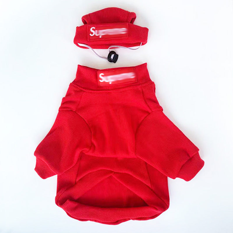 Bright red dog outfit and knit hat set with red logo patches
