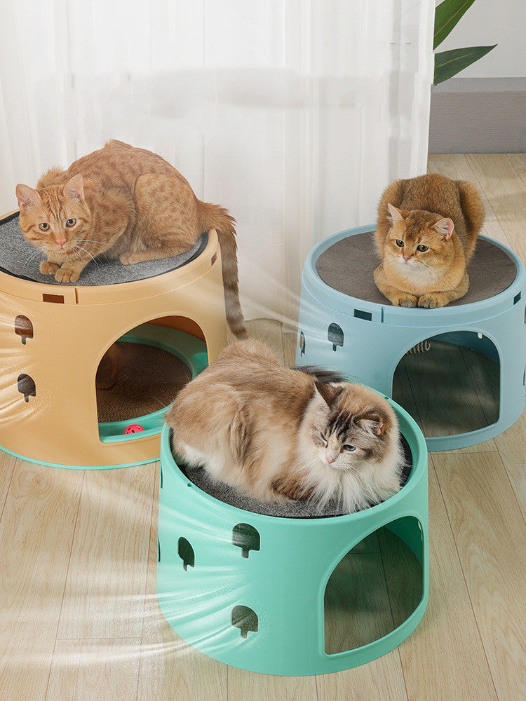 Cat multichamber cat tower set with two front pods, mint and beige; three cats around